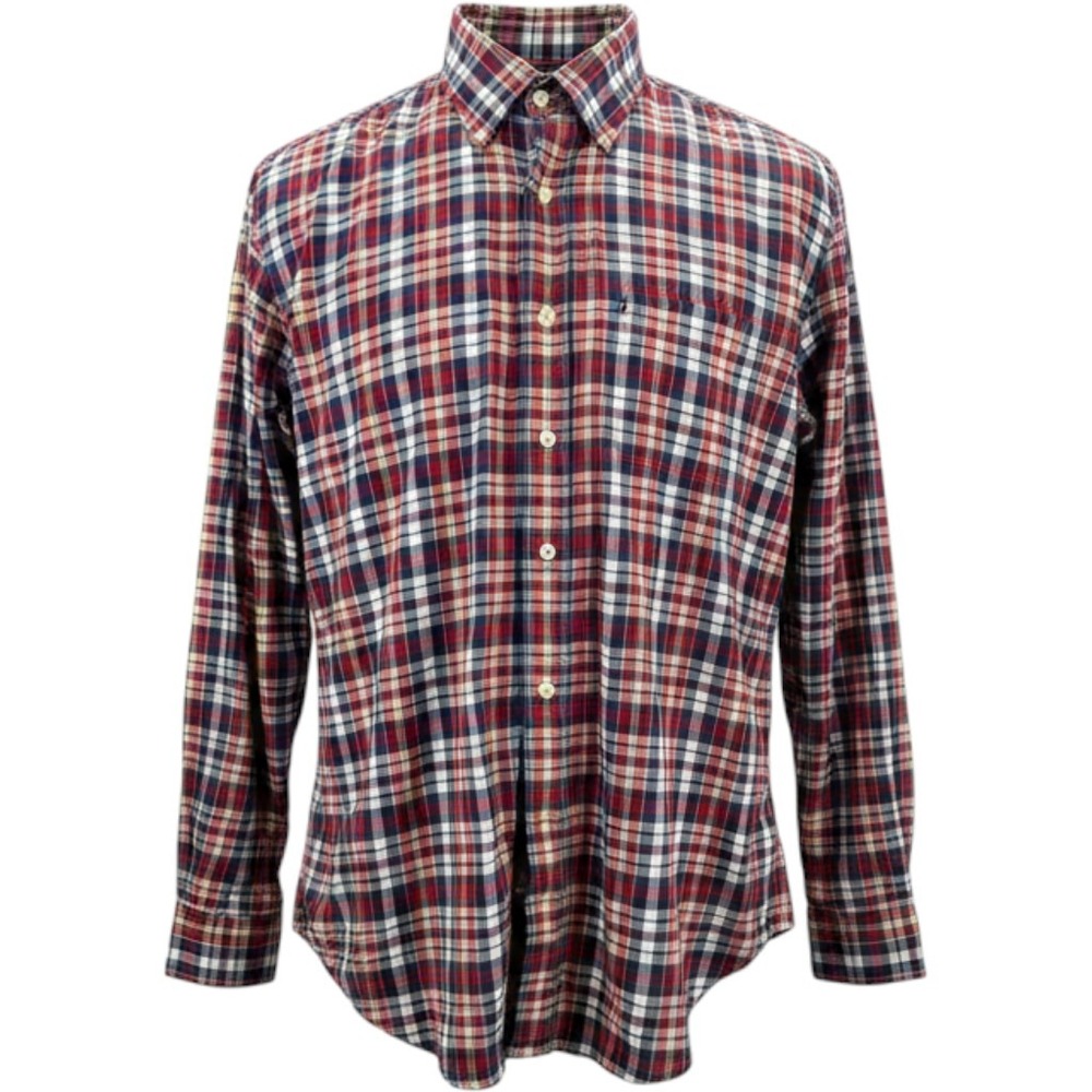 Brooks Brothers 346 Mens Plaid Button Down Shirt Red Navy Blue Cotton Large